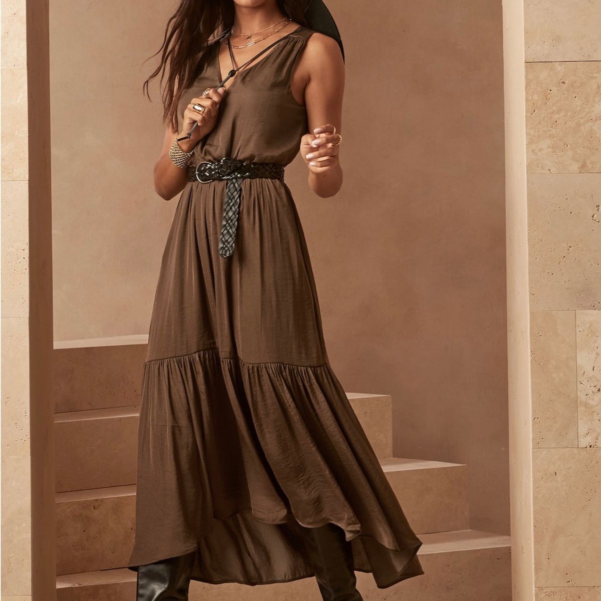 Gathered Satin Maxi Dress